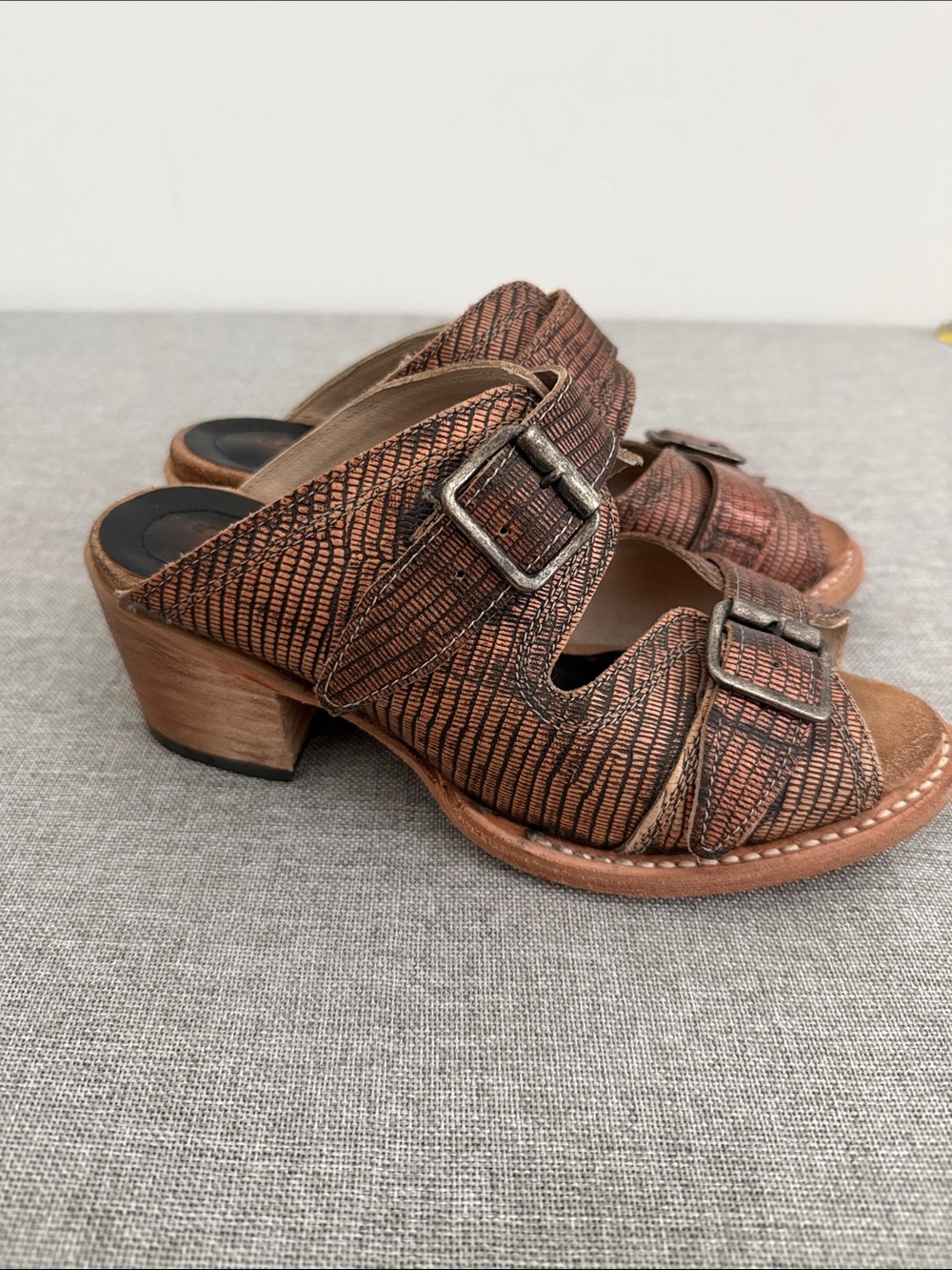 Freebird Caprice Brown Textured Buckle Clog Mules